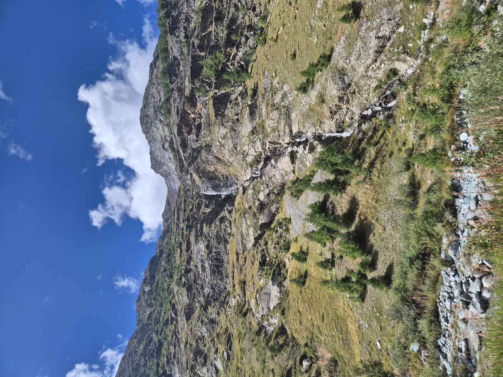 La cascade vue de plus loin, au milieu des mélèzes